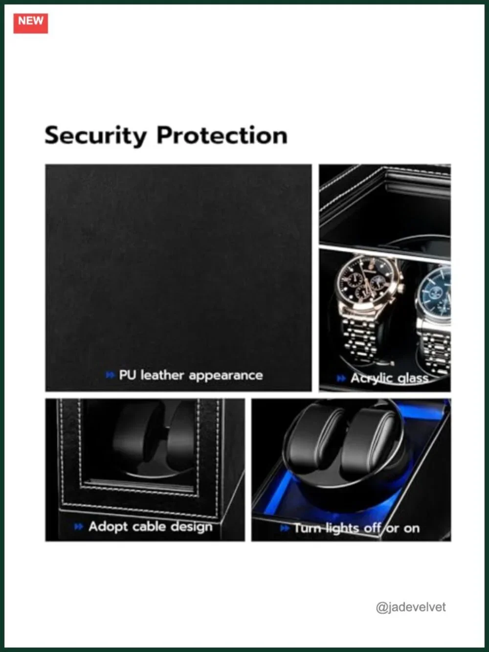 Dual Watch Winder Box with LED Light, PU Leather, Ultra-Quiet, 5 Modes, Gifts